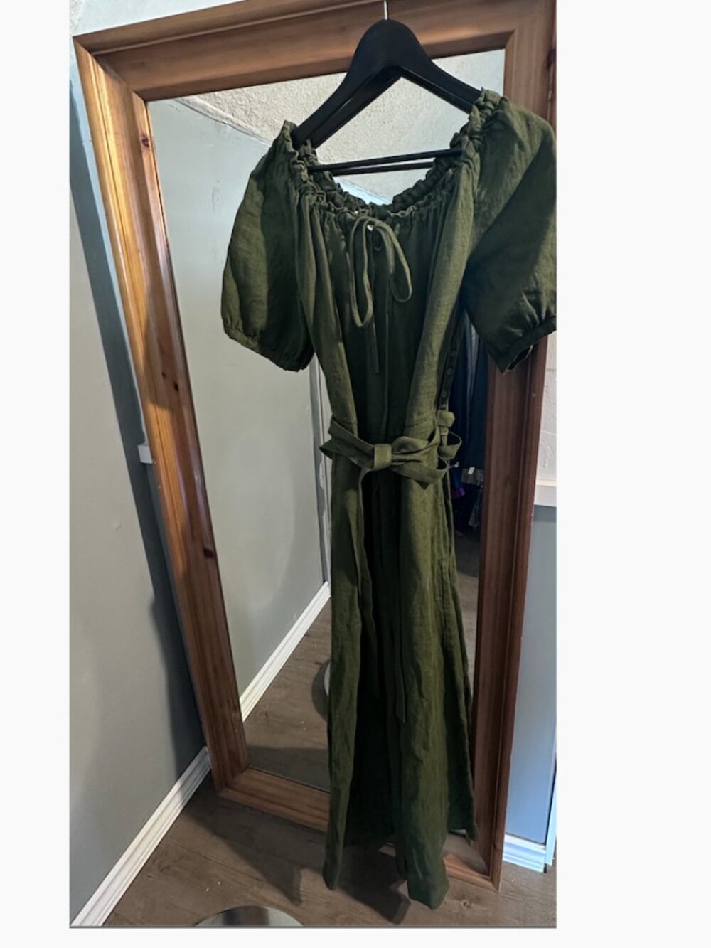 NWT Knock Knock Handmade Green Linen Boho Maxi Dress Size M Belted Pockets